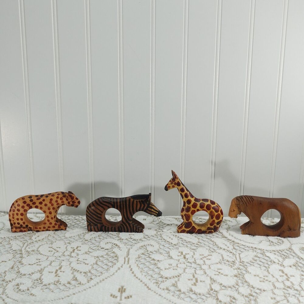 Vintage Hand Carved Wooden Safari Animal Napkin Rings Set of 4 Cheetah Zebra